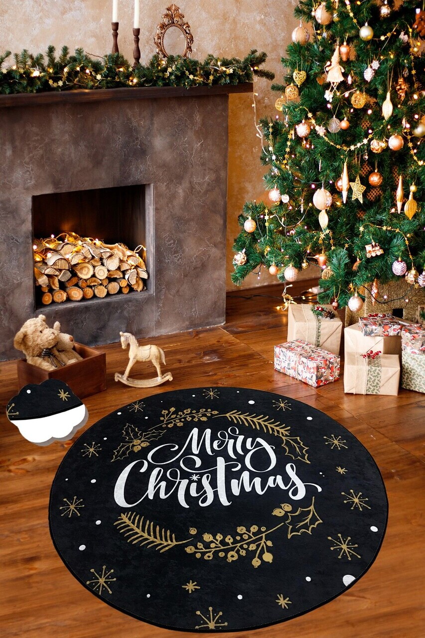 Covor, Cristmas Djt Çap 140, Negru / Alb / Auriu