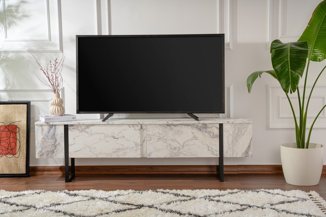 Comoda TV, Nordure, Serenity, 180x50x29.5 cm, Marmură Freesia / Negru - 1 | YEO