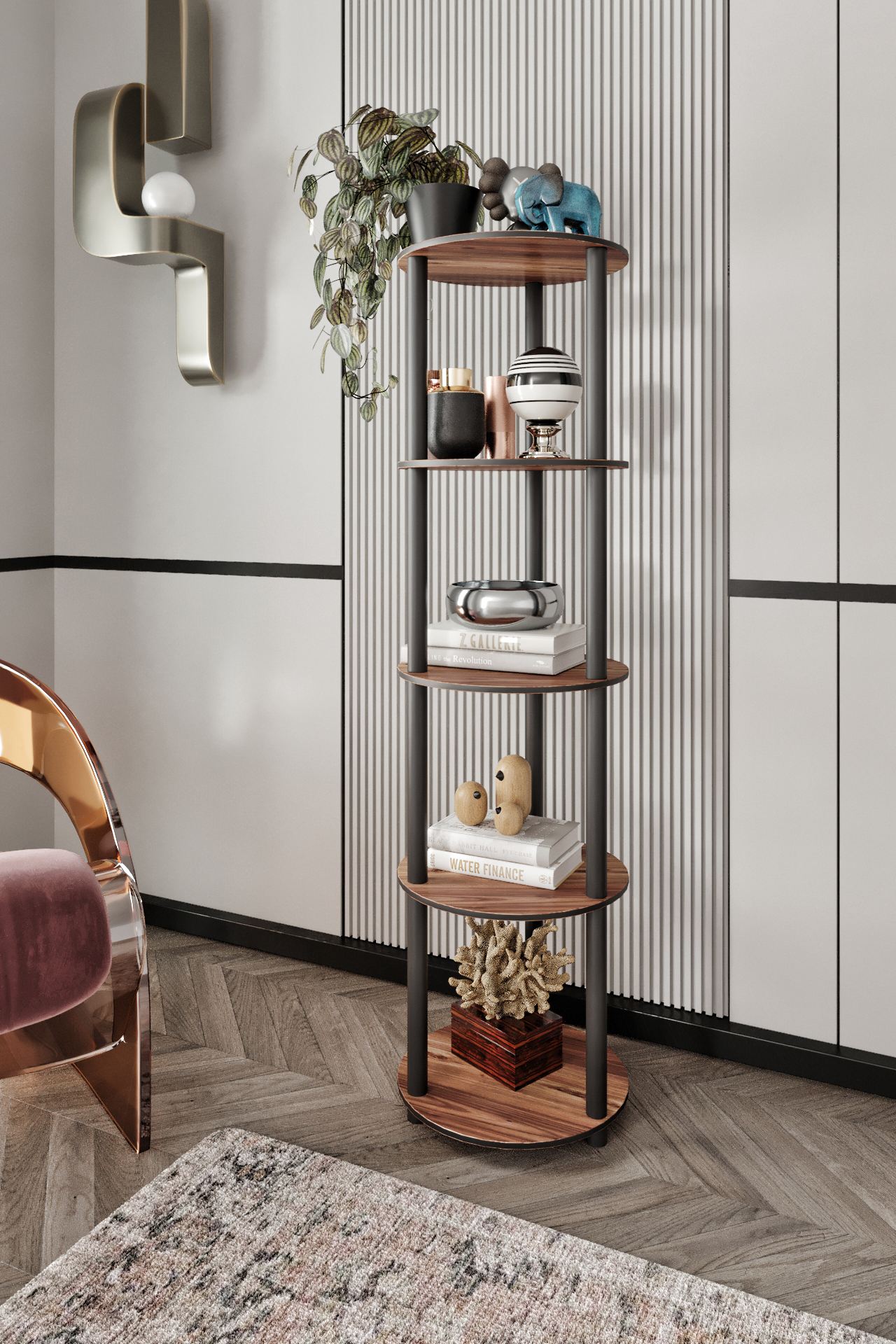 Corp biblioteca, Hanah Home, Bookcase 5 Layer Round, 34x140x34 cm, MDF , Maro