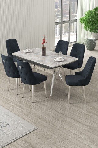 Set masa extensibila si scaune (7 piese), Hanah Home, Nis, Gri / Crom / Antracit