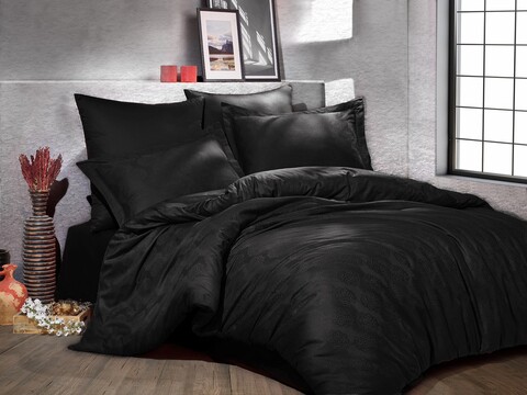 Lenjerie de pat dubla, 6 piese, 200×220 cm, 100% bumbac satinat, Saheser, Samara, negru 100
