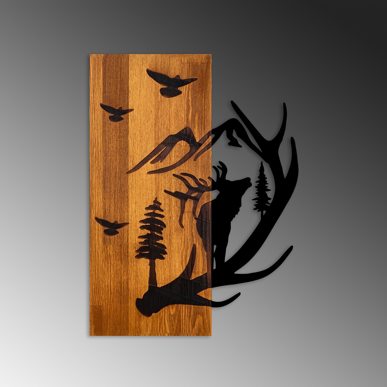 Decoratiune de perete, Deer and Mountain, Lățime: 43 cm Înălțime: 58 cm Adâncime: 3 cm, Nuc / Negru - view 6
