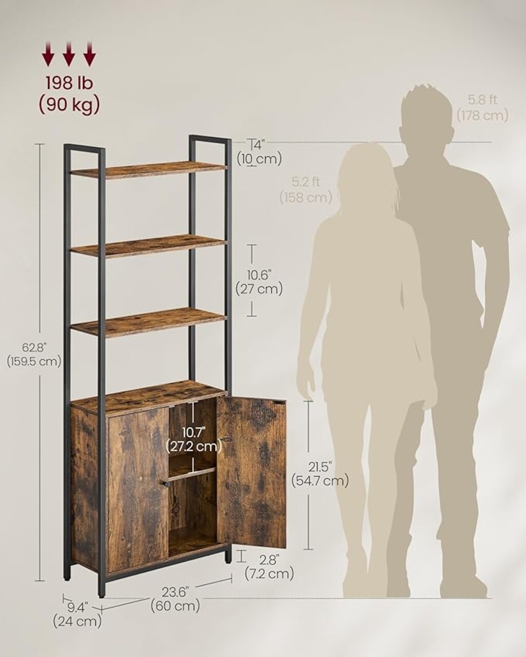 Corp biblioteca cu 6 rafturi, Vasagle, 60x24x159.5 cm, PAL/otel, maro rustic
