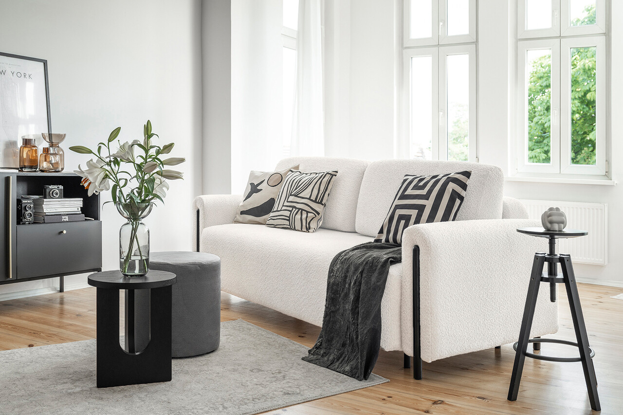 Canapea extensibila 3 locuri, ELTAP, SO-ARC-BL-01ROY, Arcadova, 244x97x97 cm, lemn/poliester, alb/negru - 1 | YEO