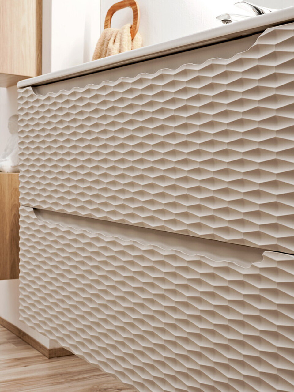Set mobilier baie, dulap dublu si 2 lavoare, 120 cm S Un Cloud, Ocean Beige, Comad, MDF/PAL laminat, stejar — imaginea 6