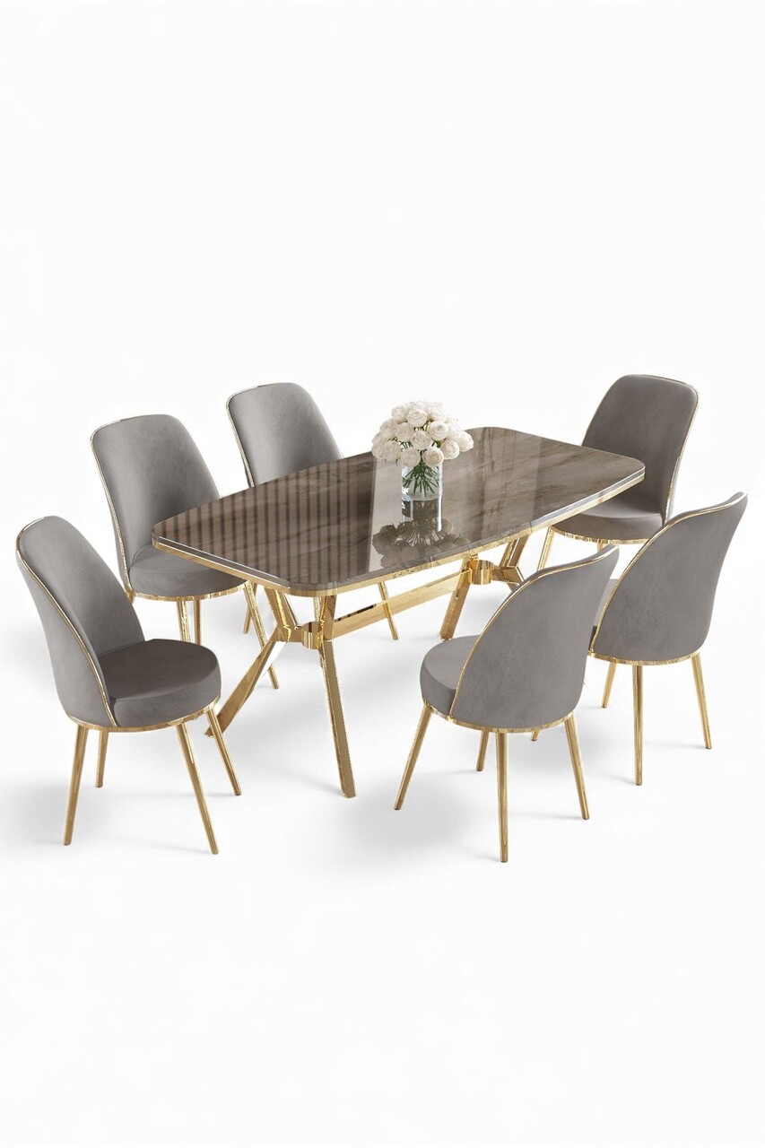 Set masă și scaune (7 piese), Hanah Home, Lena, Antracit / Auriu / Gri - view 2