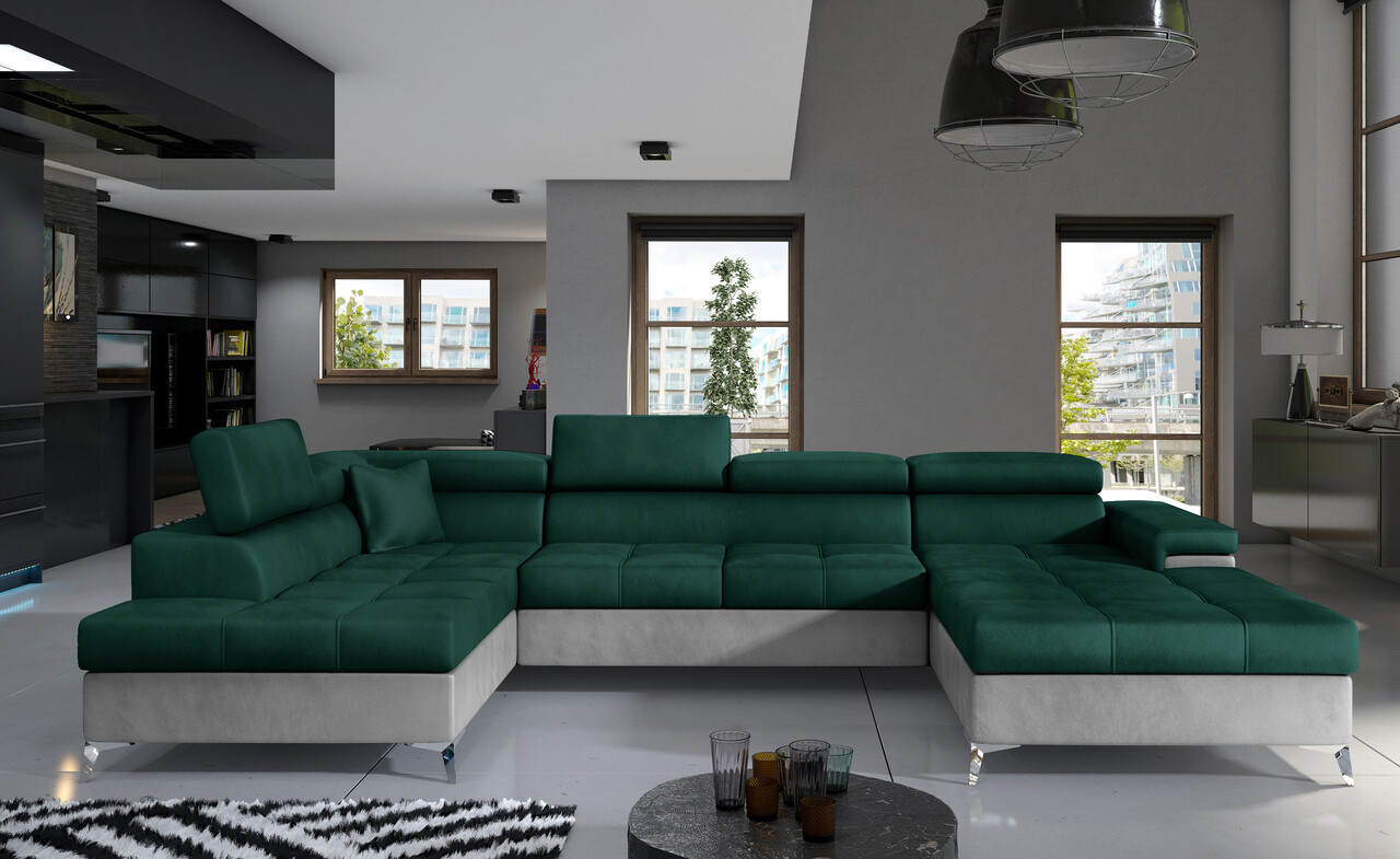 Coltar extensibil stanga 5 locuri ELTAP, Edr-10, Eduardo, 337x205x88 cm, lemn/poliester, verde inchis/gri