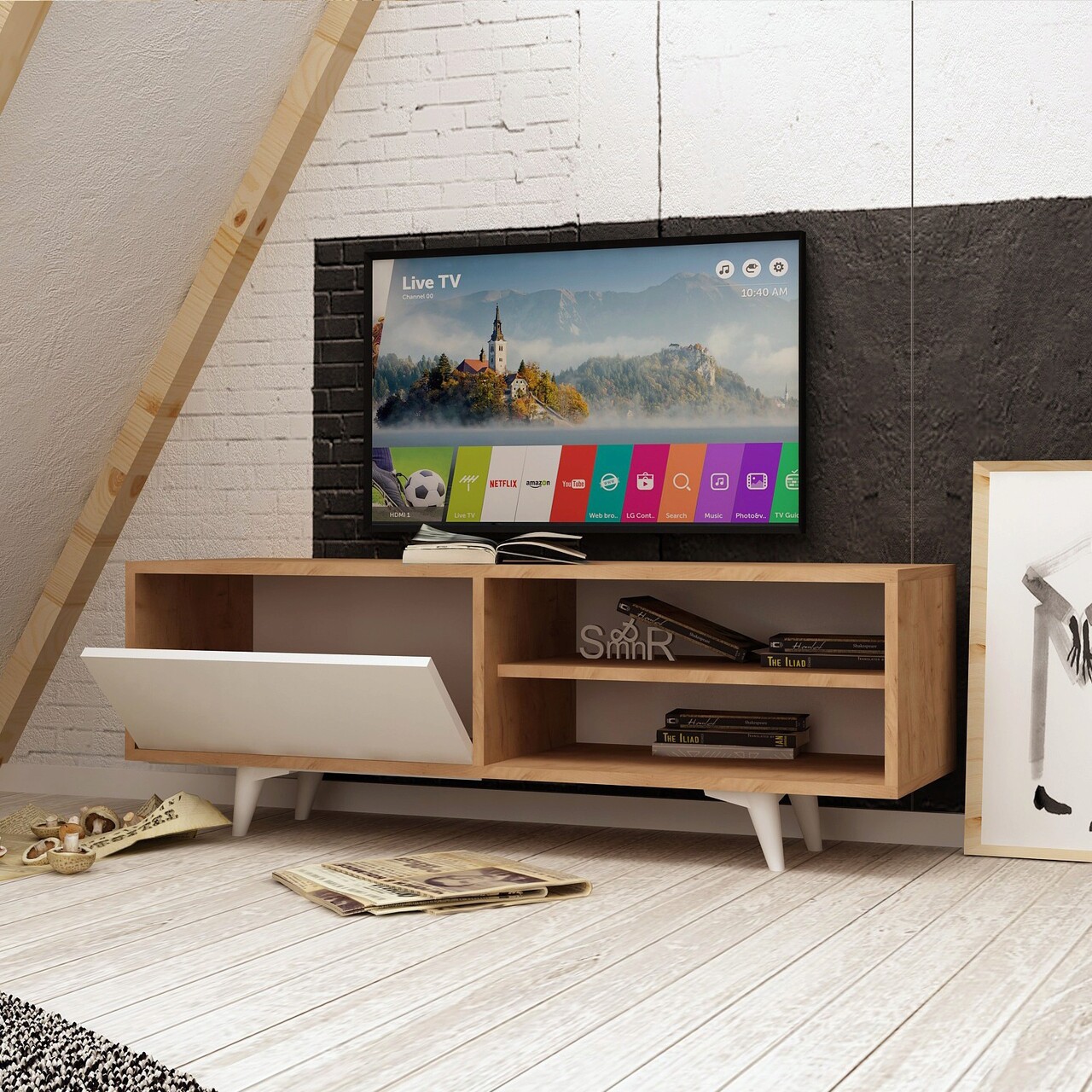 Comoda TV, Mod Design, Maku, 120x47x35 Cm, Stejar / Alb