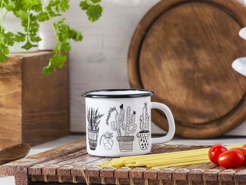 Cana emailata Cactus, Silesia, Ø9 cm, 450 ml, alb