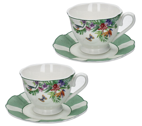 Set 2 cesti cu farfurie pentru ceai, Oasi, Brandani, 14.5x7.5 cm, 100 ml, portelan New Bone China