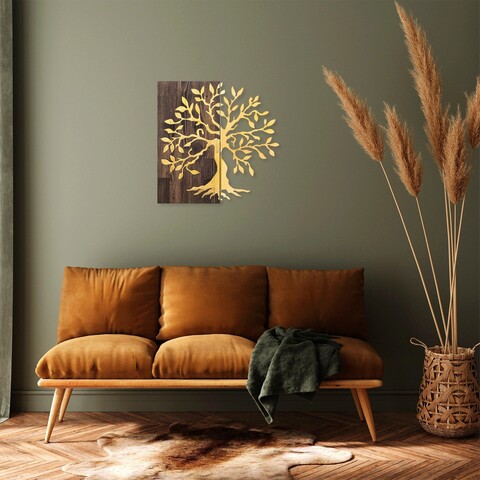Decoratiune de perete, tree, 50% lemn/50% metal, dimensiune: 58 x 58 cm, nuc / aur
