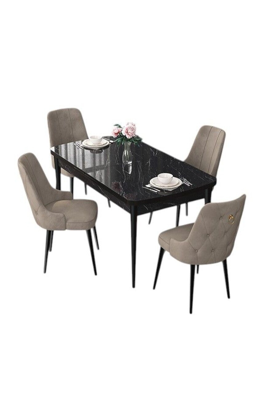 Set masa extensibila si scaune (5 piese), Hanah Home, Nex, Model de marmură neagră / Cappuccino — imaginea 2