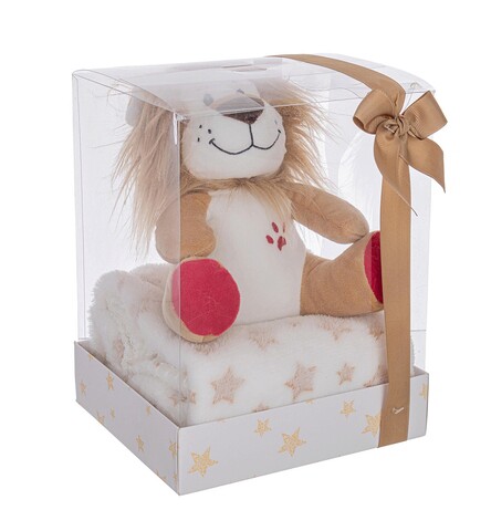 Set cadou pentru copii patura 90x75 cm + jucarie leu 20 cm, Box Star W-Lion, Bizzotto, plus/poliester, bej/alb