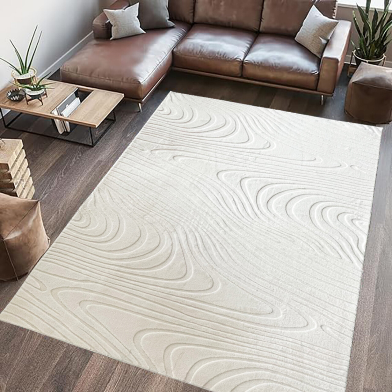 Covor 3D cu model in relief, Wave, Heinner, 120x160 cm, poliester, crem