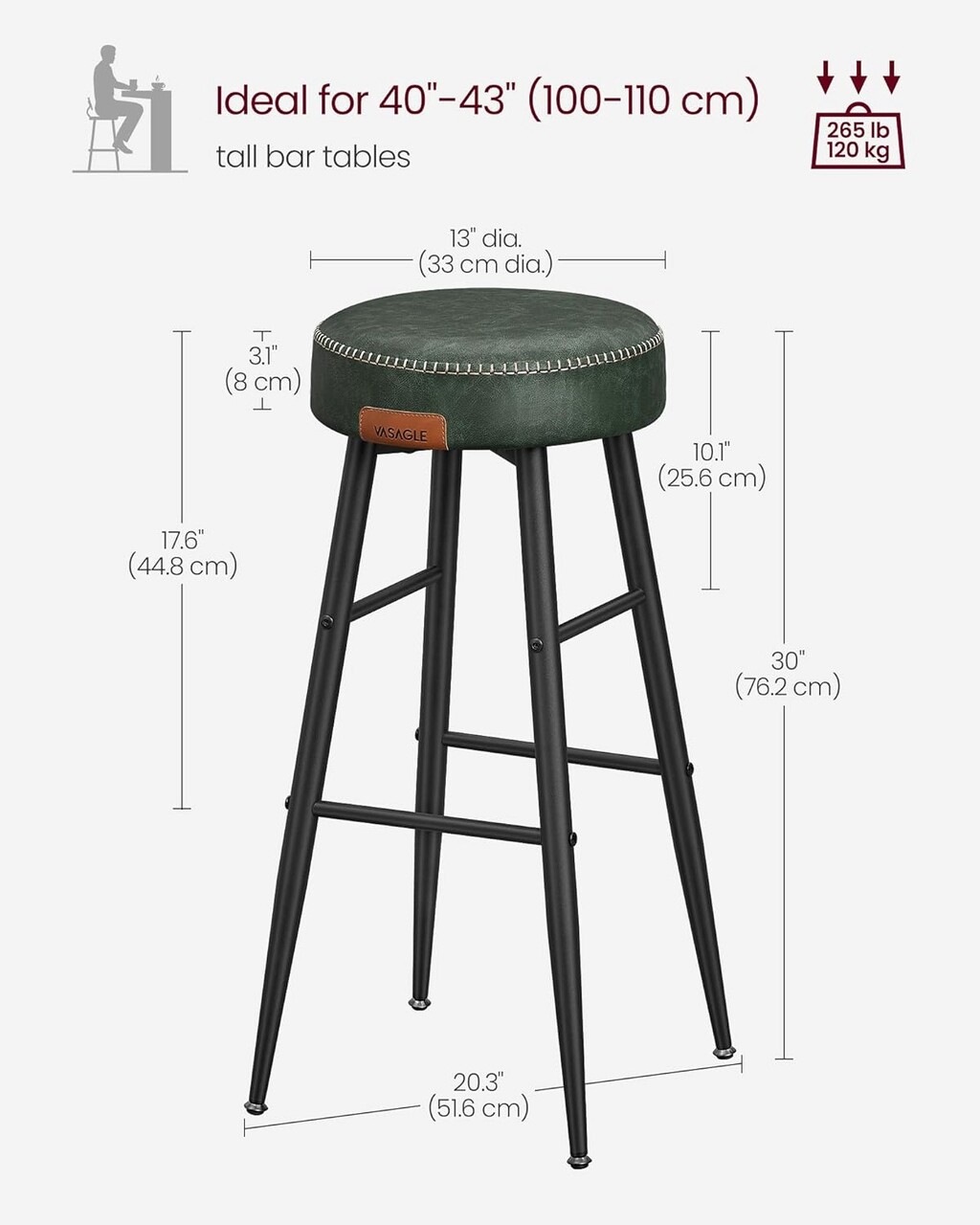 Set 2 Scaune De Bar Ekho, Vasagle, 51.6 X 51.6 X 75 Cm, Otel/piele Ecologica, Verde