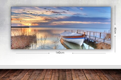 Poza Tablou decorativ Boat And Sunset, Tablo center, 60x140 cm, canvas, multicolor