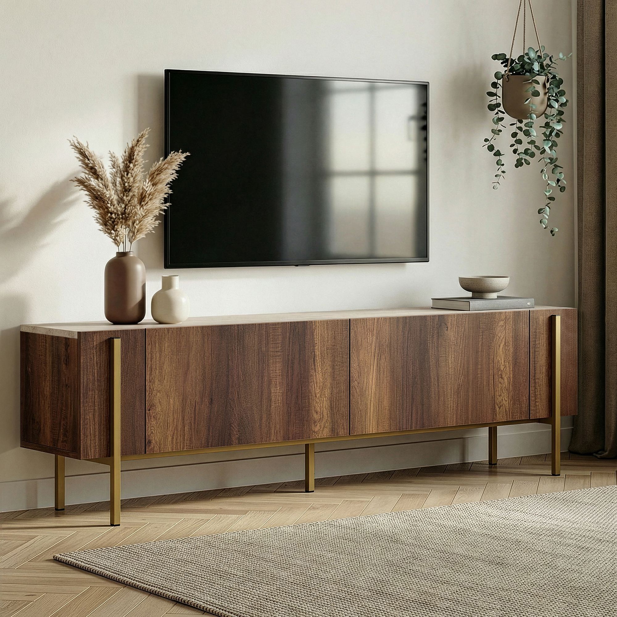 Comoda TV, Nordure, Nexus, 180x30x45 cm, PAL, Travertin / Nuc Barok / Auriu