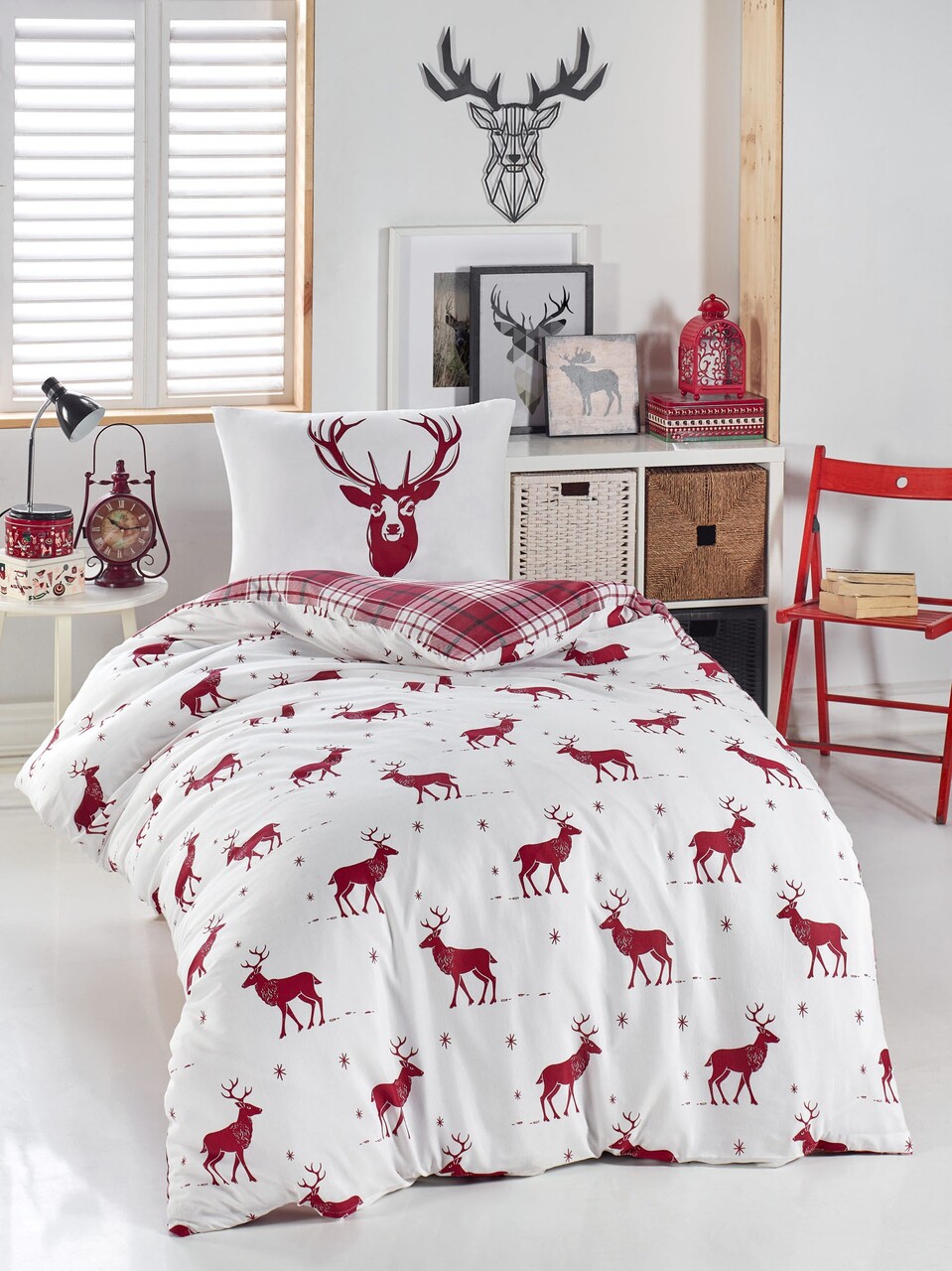 Lenjerie de pat pentru o persoana 2 piese, Geyik - Claret Red, Eponj Home, 65% bumbac/35% poliester