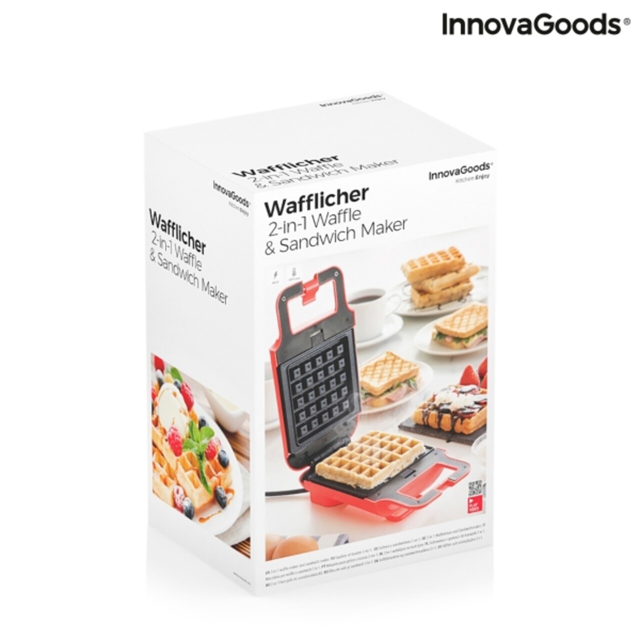 Aparat 2-in-1 pentru gofre si sandwich, retete Wafflicher, InnovaGoods, 600W, rosu