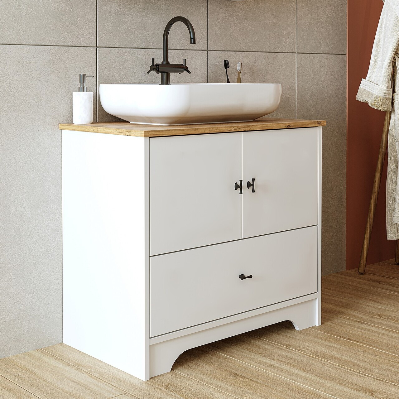 Dulap de baie cu chiuvetă, Hanah Home, 2380, 80x72x45 cm, MDF-LAM, Alb mat