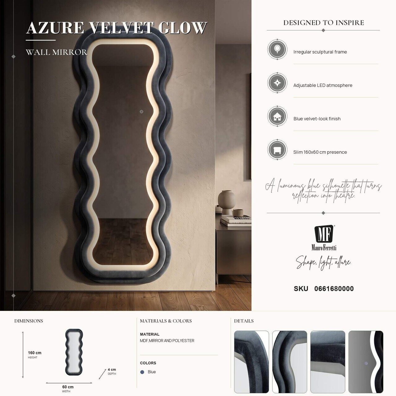 Oglinda de perete cu LED, Irregular Frame, Mauro Ferretti, MDF, 60x160 cm, albastru — imaginea 3