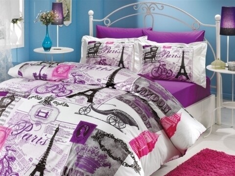 Lenjerie de pat dubla Vicenta Lilac, Hobby, 4 piese, 240 x 260 cm, 100% bumbac ranforce, alb/mov