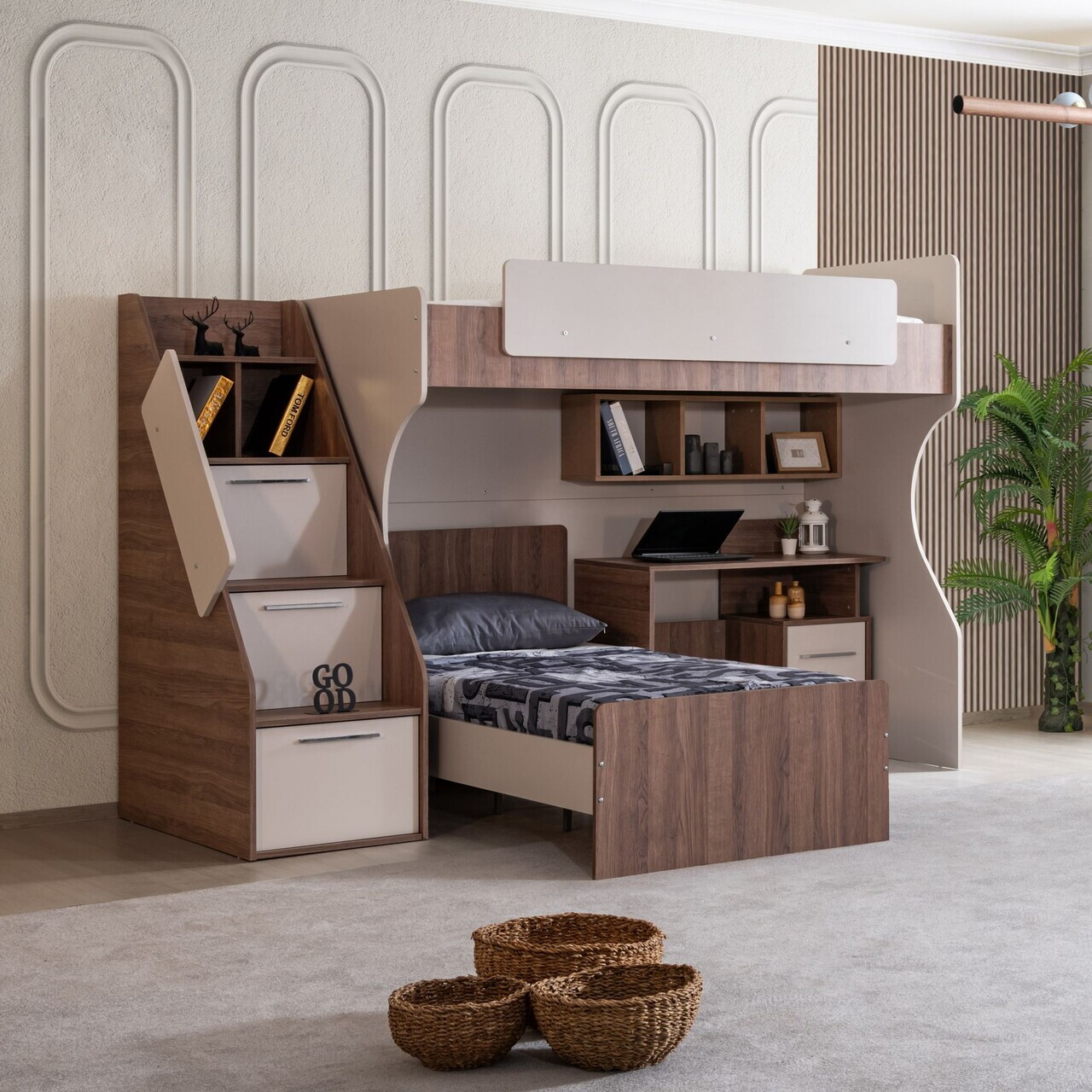 Pat supraetajat, Hanah Home, Milano, 260x185x106 cm, PAL, Crem/Maro - view 2