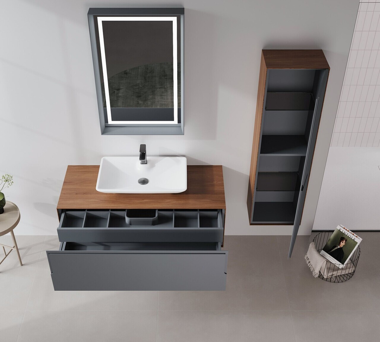 Dulap de baie cu chiuvetă, Hanah Home, Craft 120, Nuc / Antracit — imaginea 3