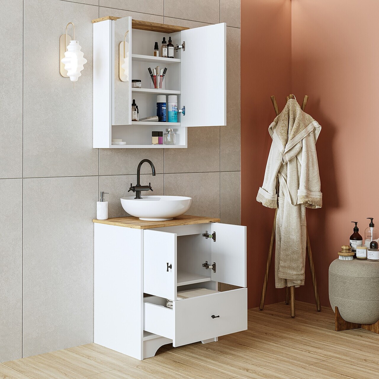 Set Dulap de Baie cu Chiuvetă și Oglindă (2 Piese), Hanah Home, 2408, MDF-LAM, Alb mat — imaginea 4