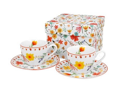 Set 2 cesti cu farfurioara, duo, pastel, 90 ml, portelan, multicolor