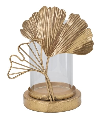 Suport pentru lumanare leaf, mauro ferretti, 17x12x21 cm, fier/sticla, auriu