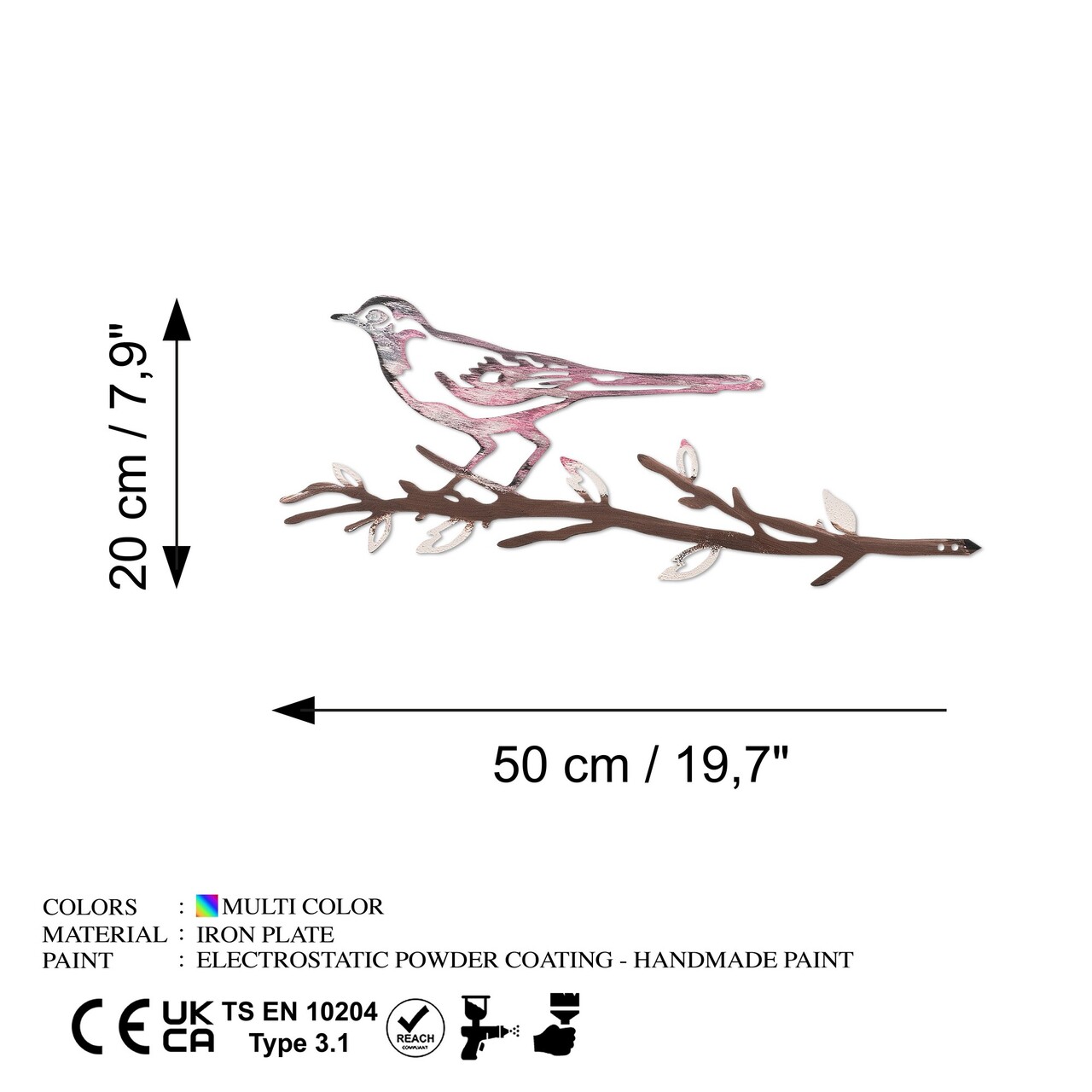 Obiect decorativ de grădină, Bird on the branch 25, 20x50 cm, Multicolor - imagine 6