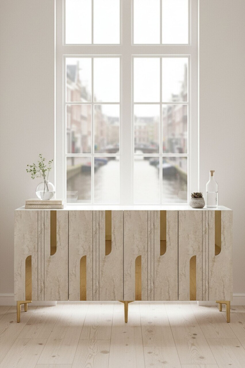 Consola, Hanah Home, Nota 150, 150x75x32 cm, White / Travertine / Gold — imaginea 3