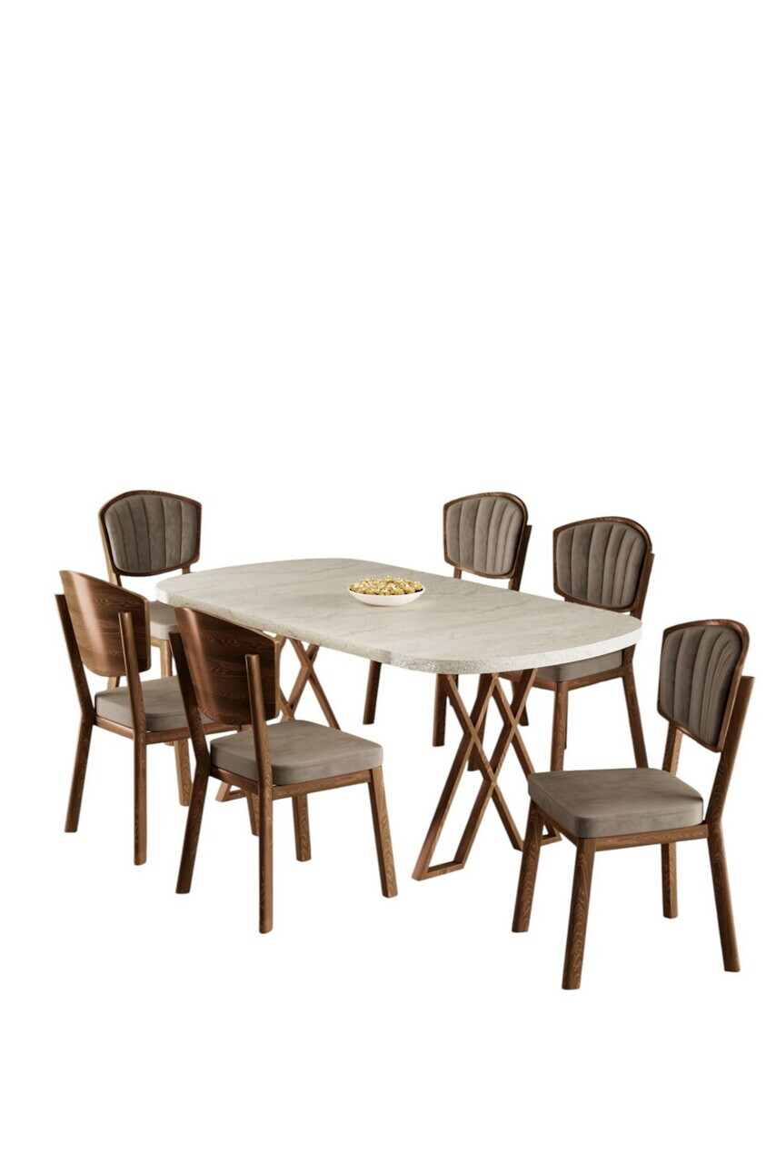 Set masa si scaune (7 piese), Hanah Home, Flori, Travertin / Aspect de lemn / Cappuccino — imaginea 2
