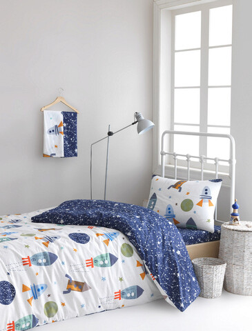 Lenjerie de pat pentru o persoana, Spacex – Dark Blue, EnLora Home, Bumbac Ranforce BLUE