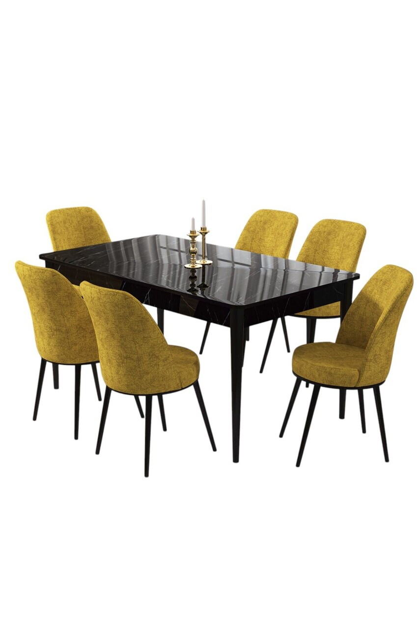 Set masa si scaune (7 piese), Hanah Home, Pir, Model de marmură neagră / Muștar — imaginea 2