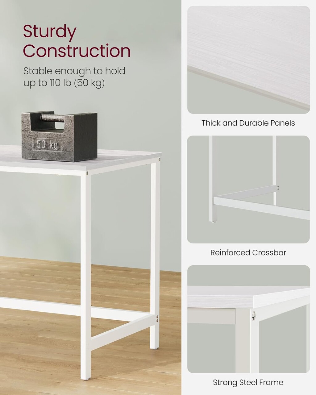 Birou cu 2 rafturi, Vasagle, 120x60x76 cm, PAL/otel, max 70kg, alb - imagine 4