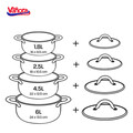 Set de gatit 8 piese, Medina, Vanora Home, 1.8 L / 2.5 L / 4.5 L / 6 L, inox, argintiu