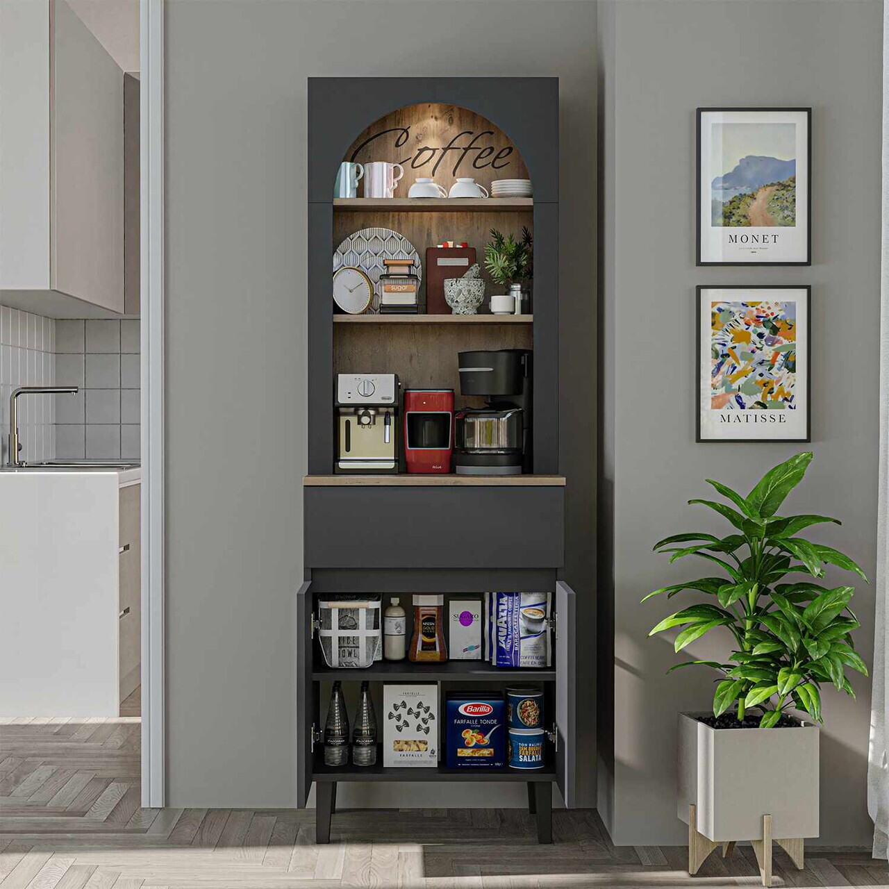 Dulap de bar pentru cafea, Hanah Home, Ledli, 60x179x41.8 cm, PAL, Antracit — imaginea 3