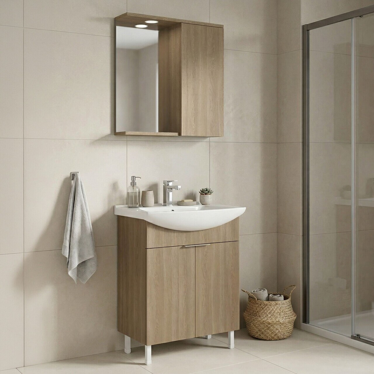 Set Dulap de Baie cu Chiuvetă și Oglindă (2 Piese), Hanah Home, Purus 65, Stejar — imaginea 2