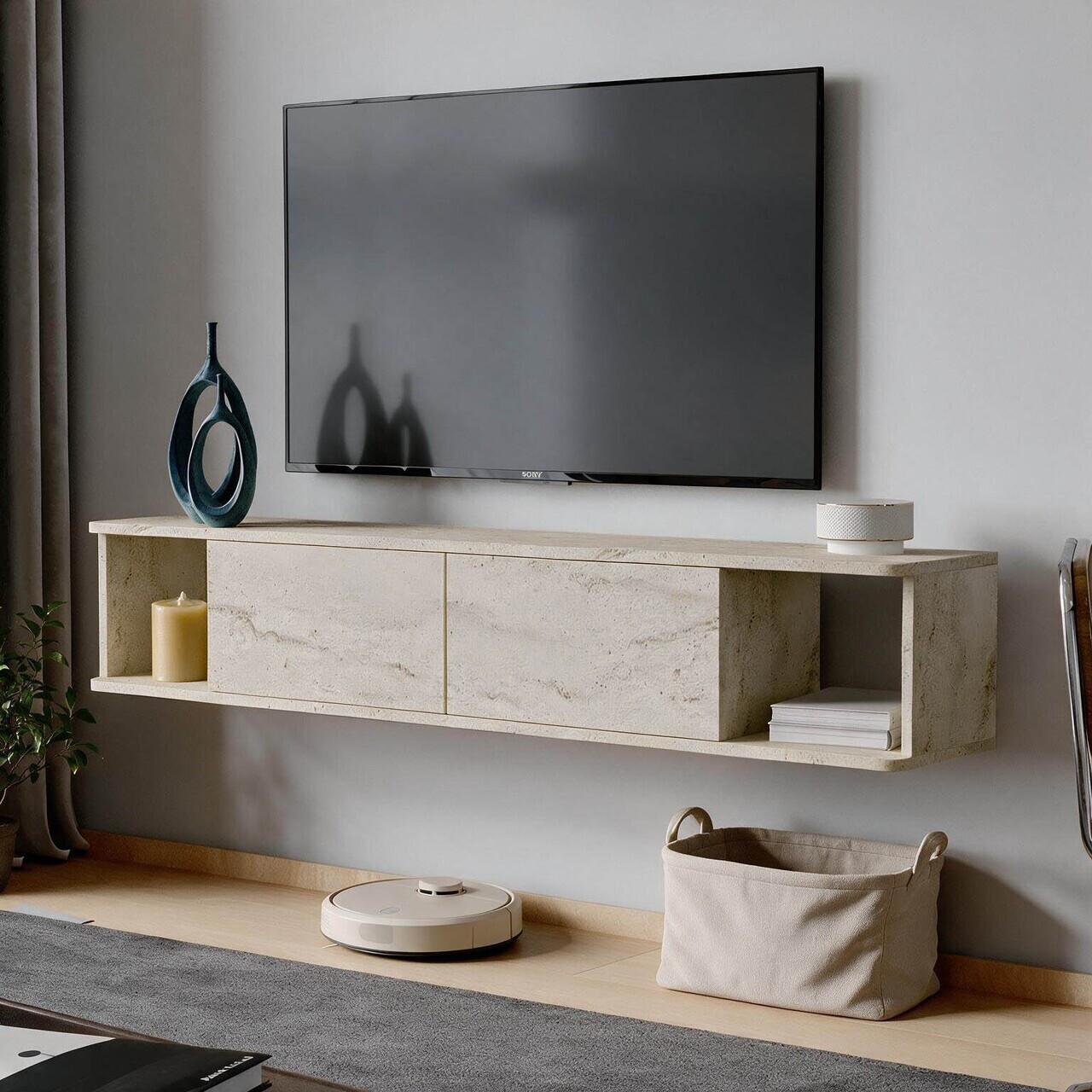 Comoda TV, Hanah Home, Twist, 160x29x29 cm, Travertin