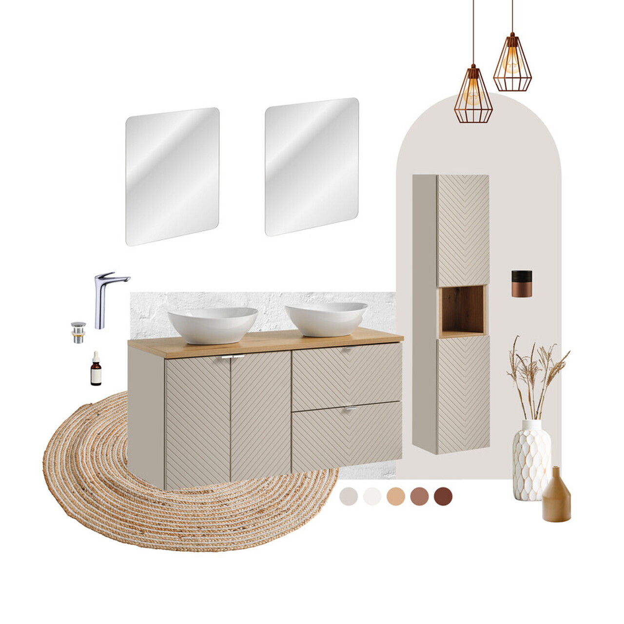 Set mobilier baie Viva Cashmere Lola 120 cm, dulap inalt si masca dubla cu lavoar, Comad, MDF/PAL, casmir - view 2