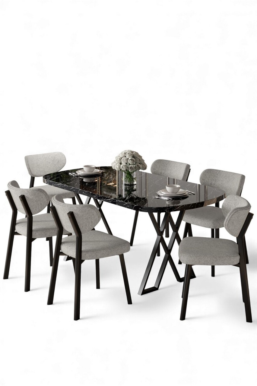 Set masă și scaune (7 piese), Hanah Home, Axton, Marmură neagră / Gri - view 2