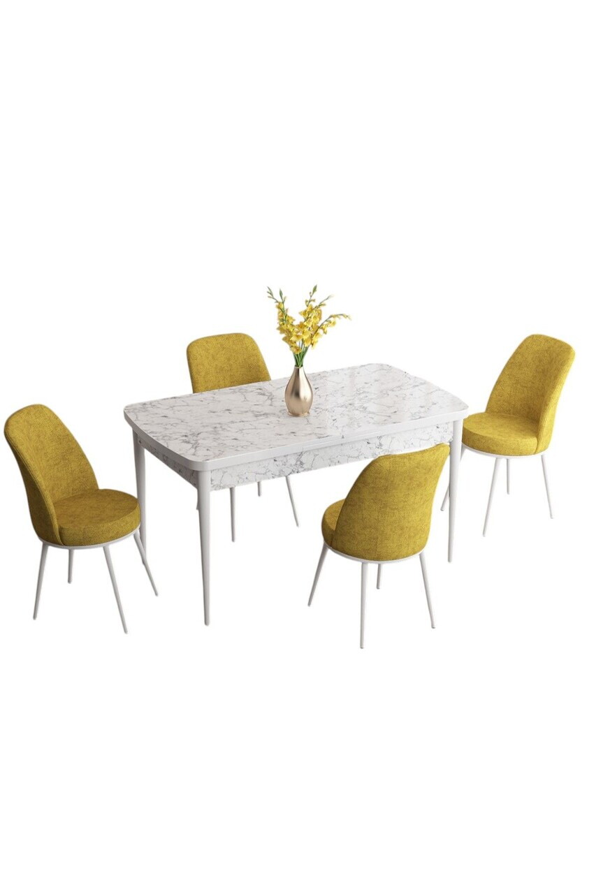 Set masa extensibila si scaune (5 piese), Hanah Home, Han, Model de marmură albă / Muștar — imaginea 2