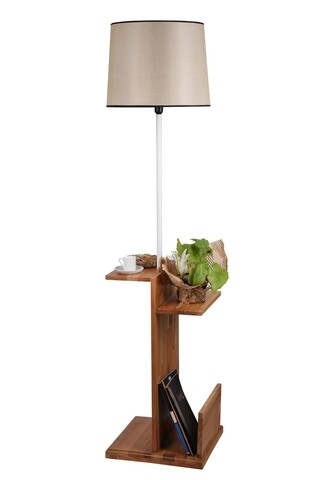 Lampadar cu rafturi, Luin, 8275-3, E27, 60 W, metal/lemn/textil