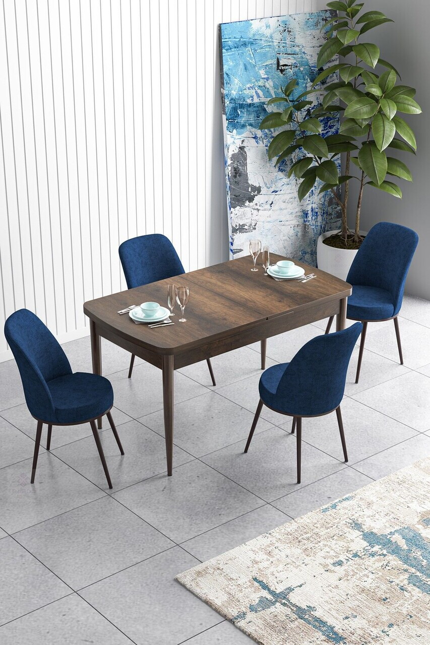 Set masa extensibila si scaune (5 piese), Hanah Home, Han, Model baroc din lemn / Bleumarin