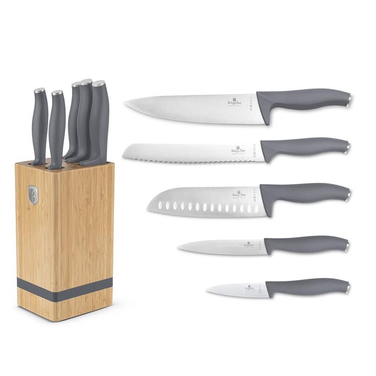 Set 5 cutite cu suport patrat Berlinger Haus, Aspen, inox/bambus, gri mat/natur - imagine 5