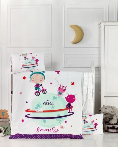 Lenjerie de pat pentru copii, victoria, alien, 4 piese, 100% bumbac ranforce, multicolor