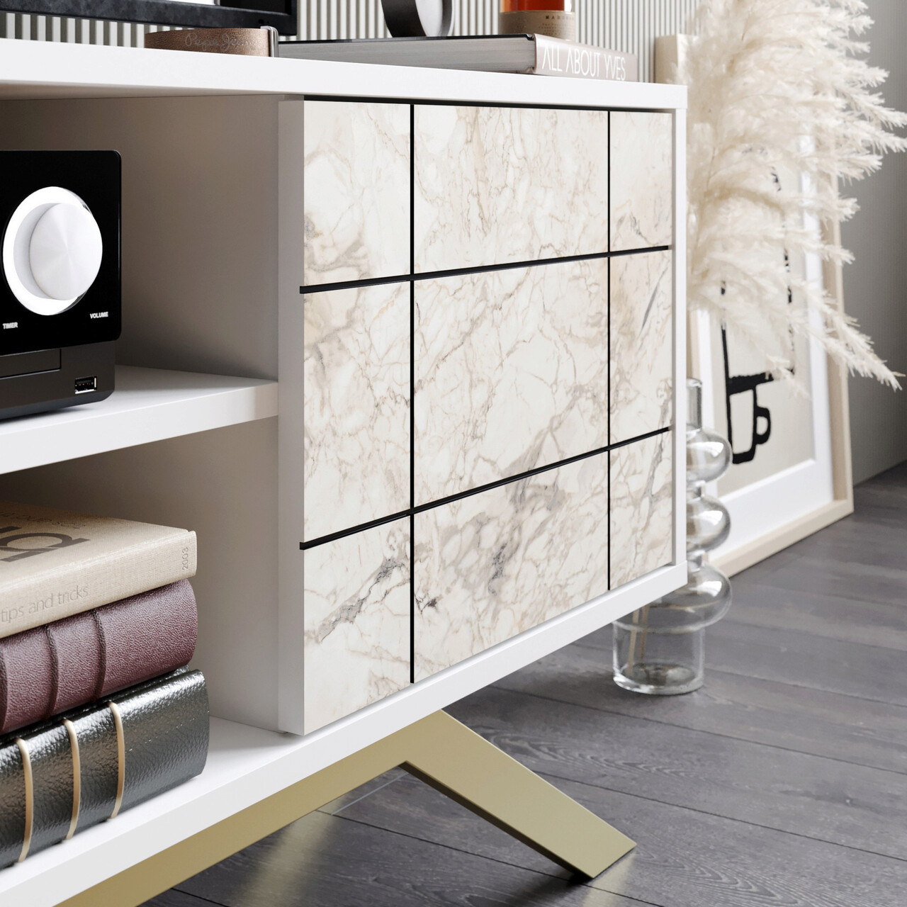 Comoda TV, Decorotika, North, 130x38.6x58.6 cm, Alb/Auriu - 2 | YEO