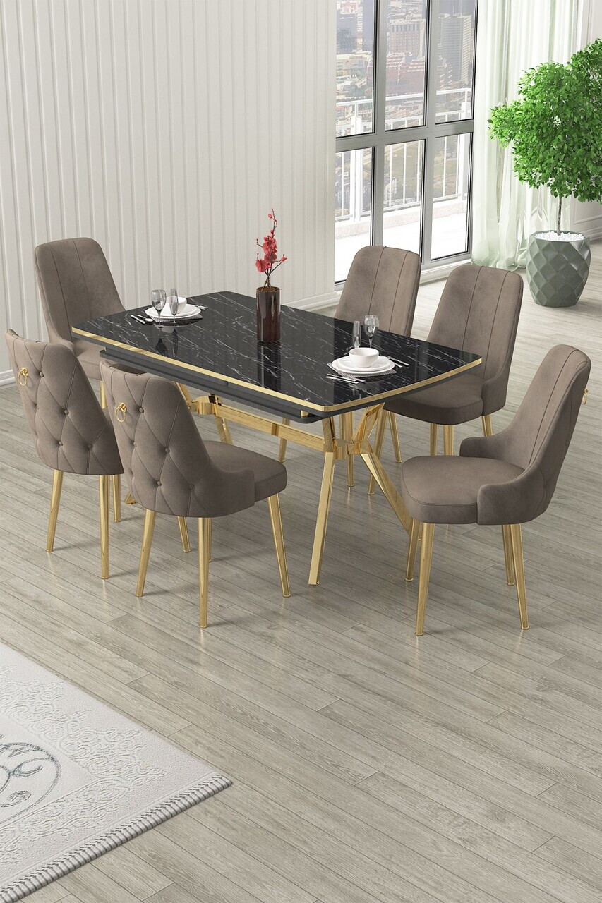 Set masa extensibila si scaune (7 piese), Hanah Home, Nis, Model de marmură neagră / Auriu / Cappuccino